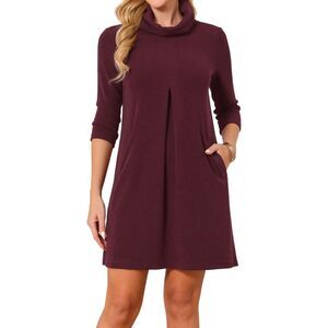 Women's Knit Dress 3/4 Sleeve Loose Turtleneck Fall Mini Sweater Dress Wine Red